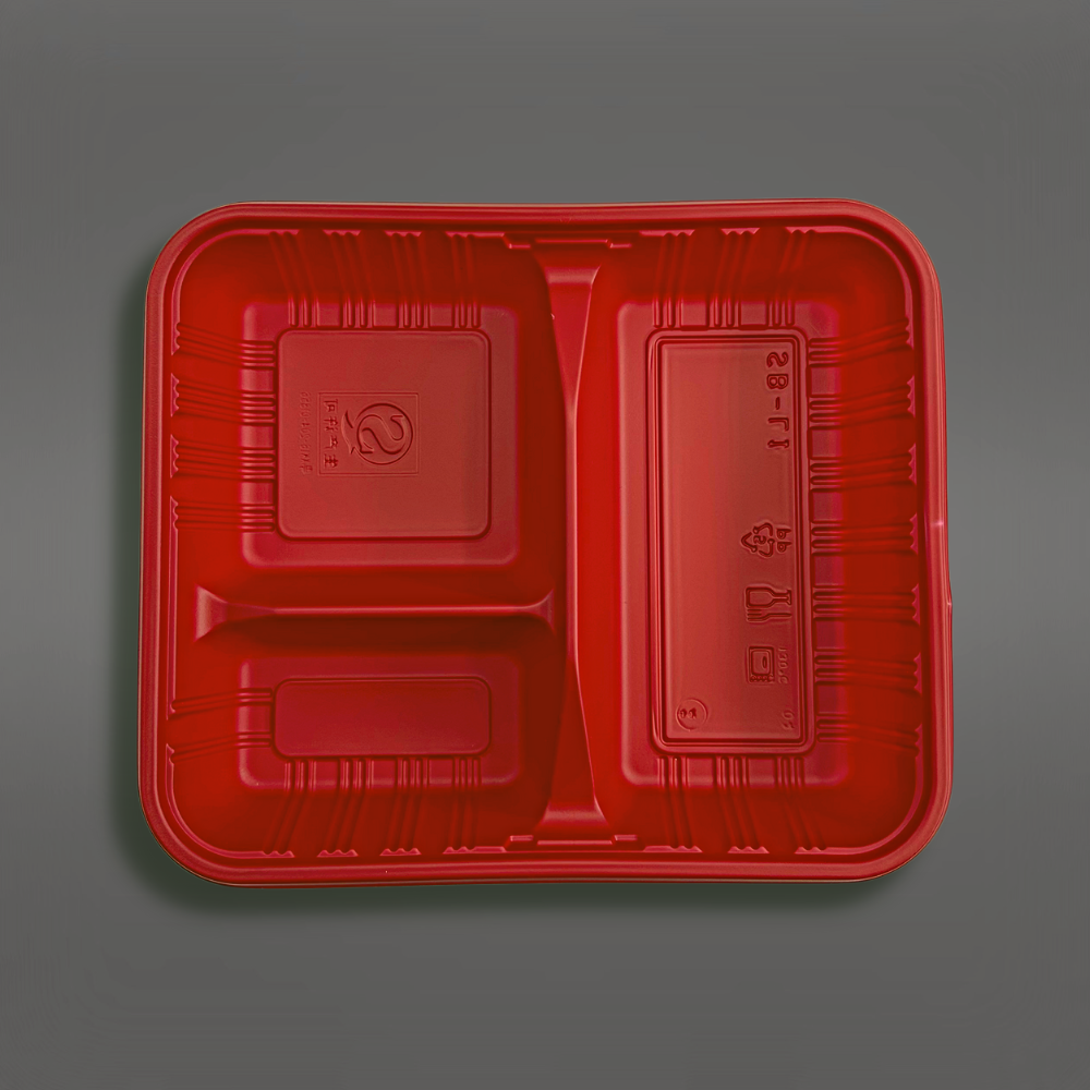HT107 Base | PP Red Rectangular Bento Box | 3 Compartment (Base Only) - top