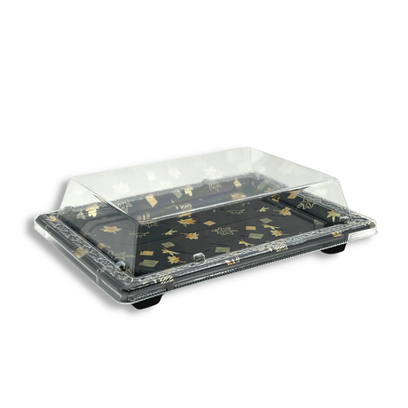 KW-0002 | Black Maple Pattern Sushi Tray W/ Clear Lid | 8.66x6.3x1.5" - 200 Sets