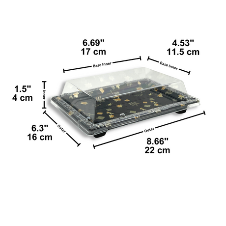 KW-0002 | Black Maple Pattern Sushi Tray W/ Clear Lid | 8.66x6.3x1.5" - size
