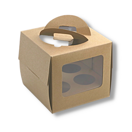 Kraft Paper 4 Cupcake Box W/ Handle & Window & Insert | 6.5x6.5x6" - 100 Sets