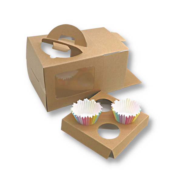 Kraft Paper 4 Cupcake Box W/ Handle & Window & Insert | 6.5x6.5x6