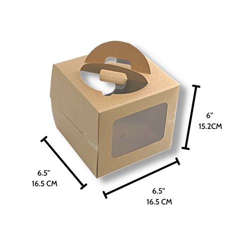 Kraft Paper 4 Cupcake Box W/ Handle & Window & Insert | 6.5x6.5x6" - size