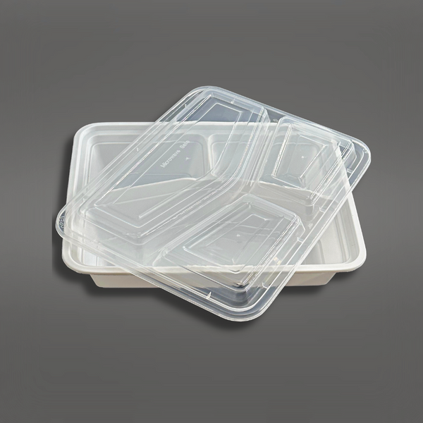 RE-342 (w/Regular) White 3 Compt. Rect. Plastic Container -150 Sets-display