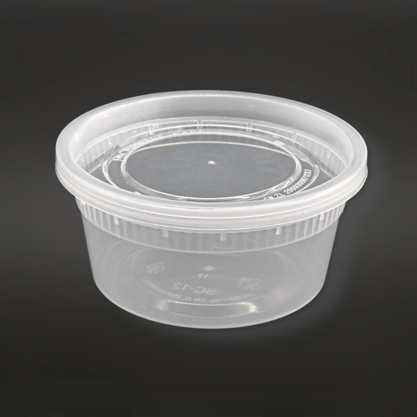  12oz Microwaveable PP Heavy Duty Leak-resistant Translucent Deli Container W/ Lid in a black background