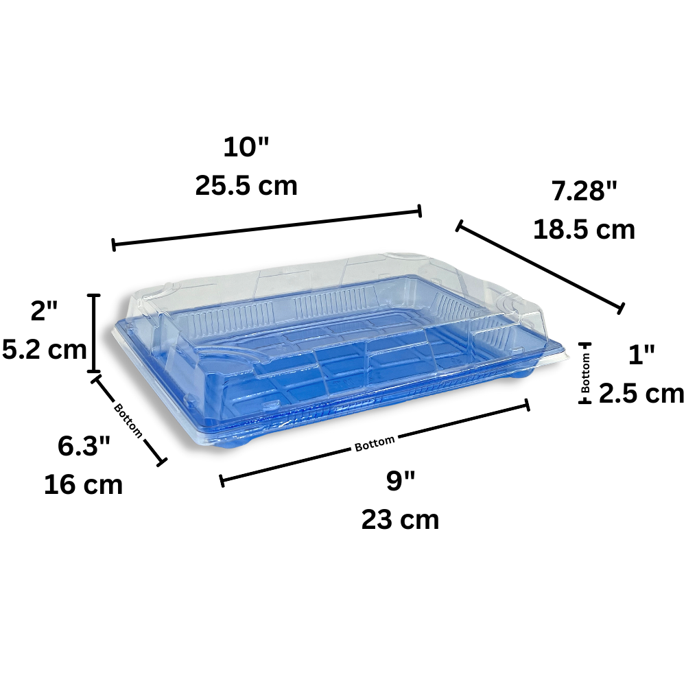 SU-1111 PET | Blue Sushi Tray W/ Clear Lid | 10x7.25x2" - size
