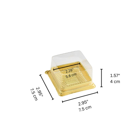 Single Pastry Container | Square Golden Tray W/ Clear Dome Lid | 2.28x2.28x1.57" - 1900 Sets