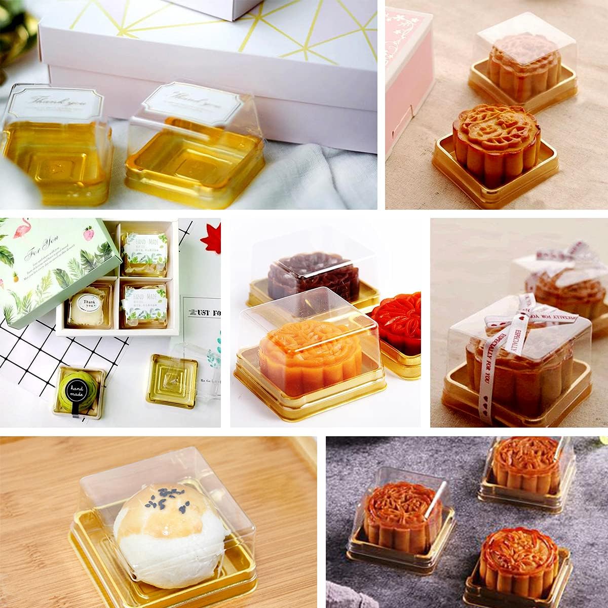 Single Cupcake Container | Square Golden Tray W/ Clear Dome Lid | 2.28x2.28x1.57"-with food