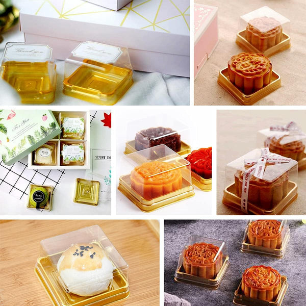 Single Cupcake Container | Square Golden Tray W/ Clear Dome Lid | 2.28x2.28x1.57