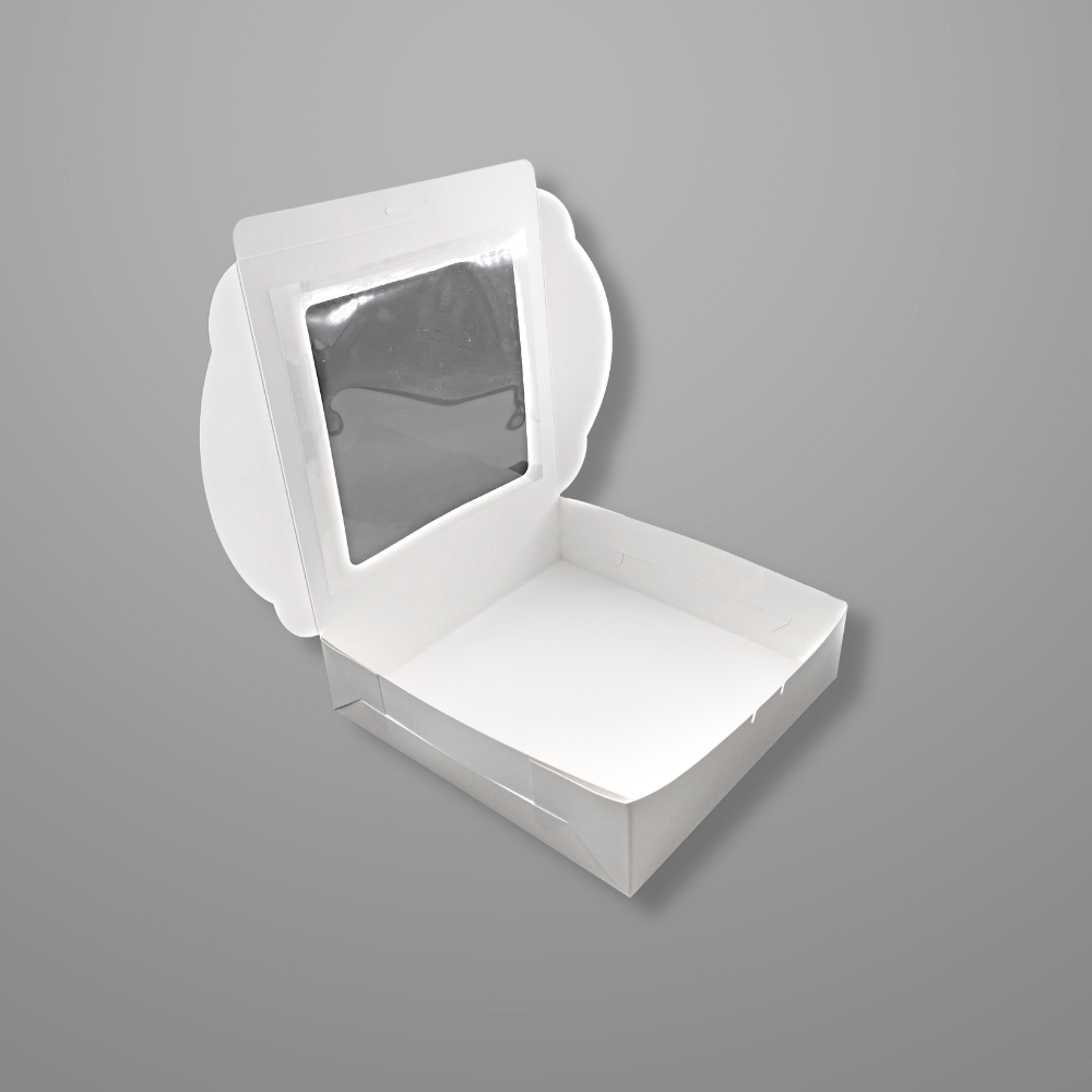 White Cake Paper Box W/ Window | 10x10x2.5" - open