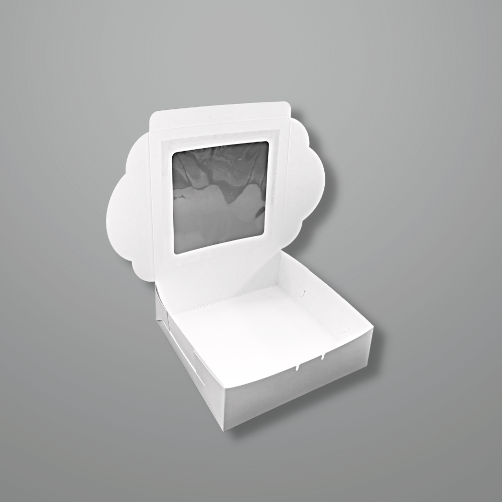 White Cake Paper Box W/ Window | 8x8x2.5" - open