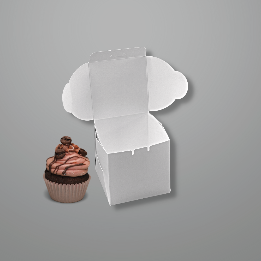 White Square Cake Paper Box | 4.25x4.25x4.25" - cupcake beside