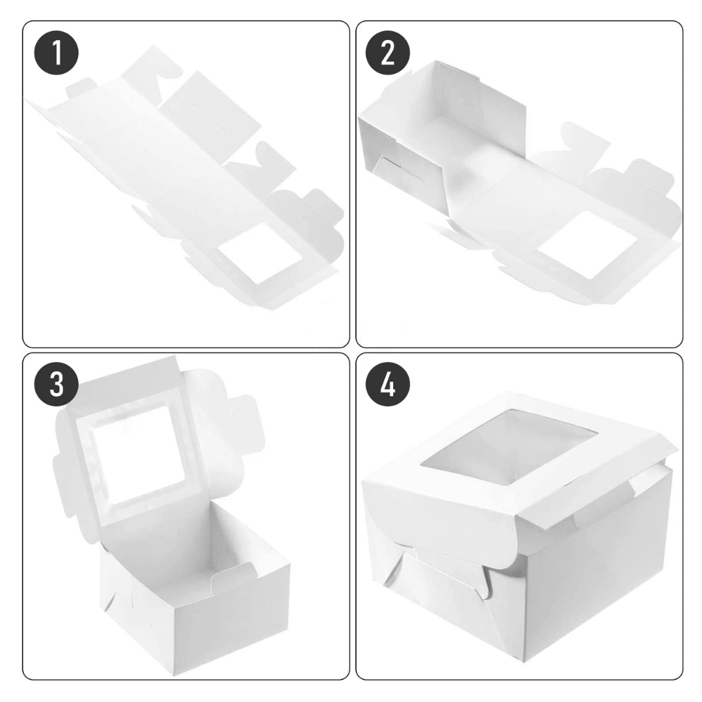 White Square Cake Paper Box W/ Window | 4.25x4.25x4.25" - Fold Method