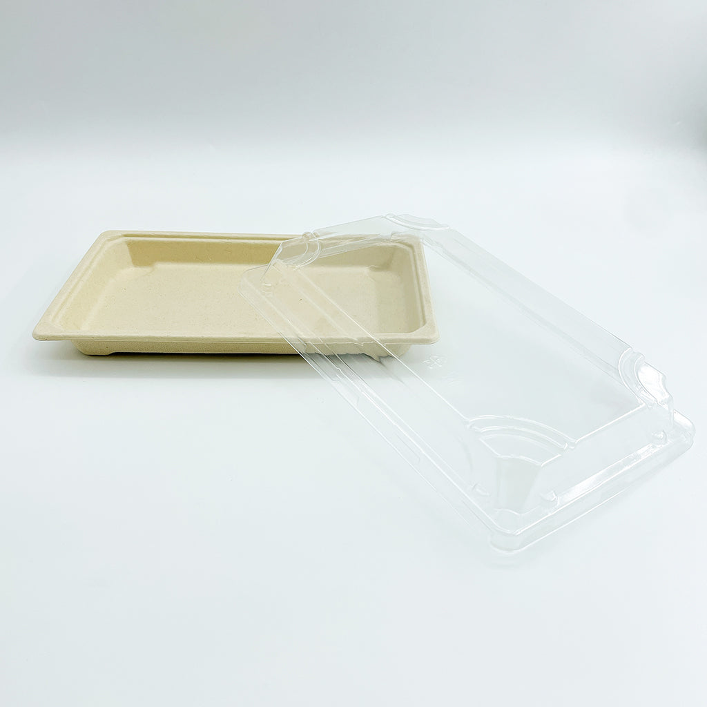 #07 | Eco-friendly Sugarcane Sushi Tray W/ Plastic Lid | 8.8x5.5x1.9" - 300 Sets - HD Bio Packaging