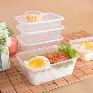 34oz Microwaveable PP Clear Rectangular Food Container with chicken rice it it