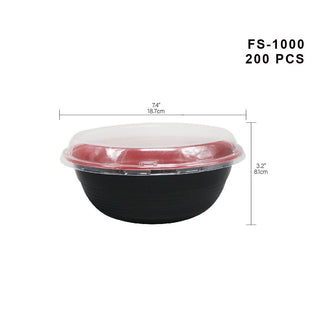 #1000 | 34oz Microwaveable PP Black Red Donburi Bowl W/ PET Lid - 200 Sets - HD Bio Packaging