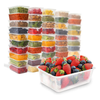 34oz Microwaveable PP Clear Rectangular Food Container with blue berries and strawberries in it
