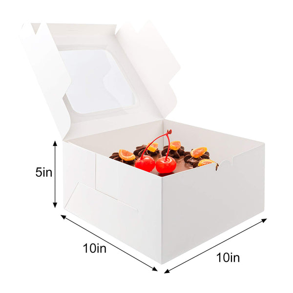 White cake paper box with window and dessert inside chocolate and cherries