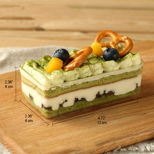 Rectangular Clear Cake Container dessert  with pretzel blueberry on top 