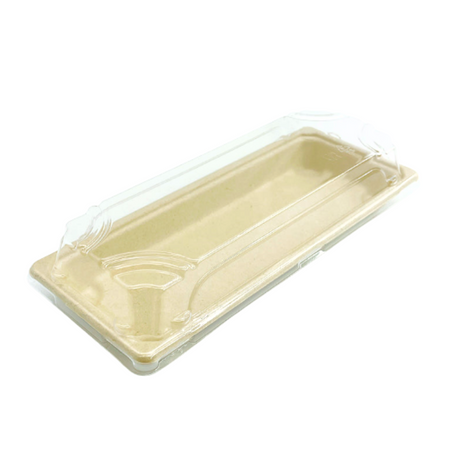 #02 | Eco-friendly Sugarcane Sushi Tray W/ Plastic Lid | 8.7x3.5x1.9" - 300 Sets - HD Bio Packaging