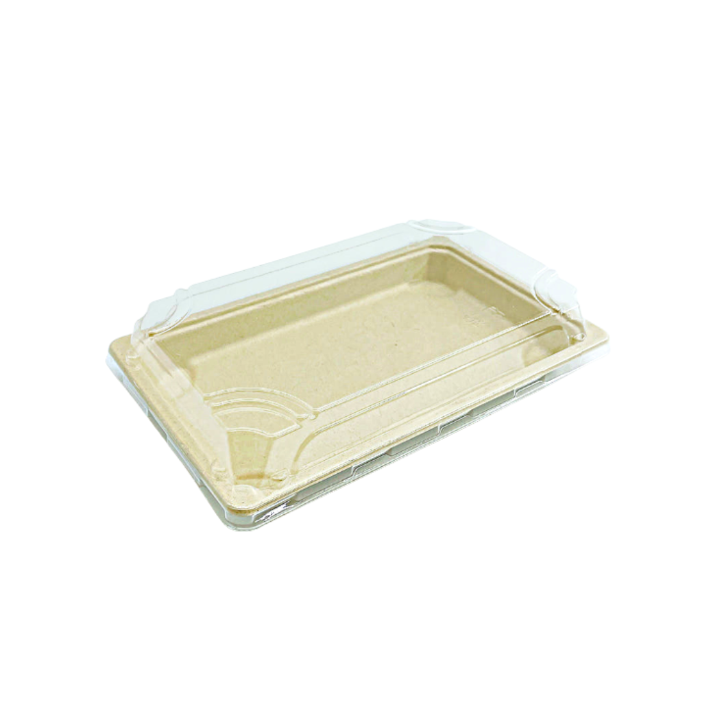 #07 | Eco-friendly Sugarcane Sushi Tray W/ Plastic Lid | 8.8x5.5x1.9" - 300 Sets - HD Bio Packaging