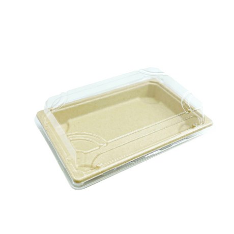 #05 | Eco-friendly Sugarcane Sushi Tray W/ Plastic Lid | 7.3x5.1x1.9" - 300 Sets - HD Bio Packaging