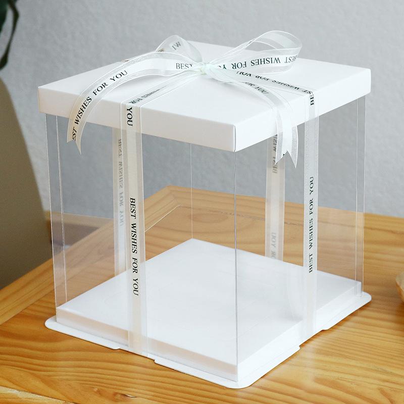 8" Two Tier Plastic Clear Square Cake Box W/ White Base White Lid (No Ribbon) - 50 Sets