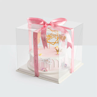 Two-Piece Clear Square Cake Box  with pink ribbon and cake inside