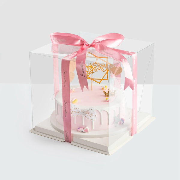 Two-Piece Clear Square Cake Box  with pink ribbon and cake inside