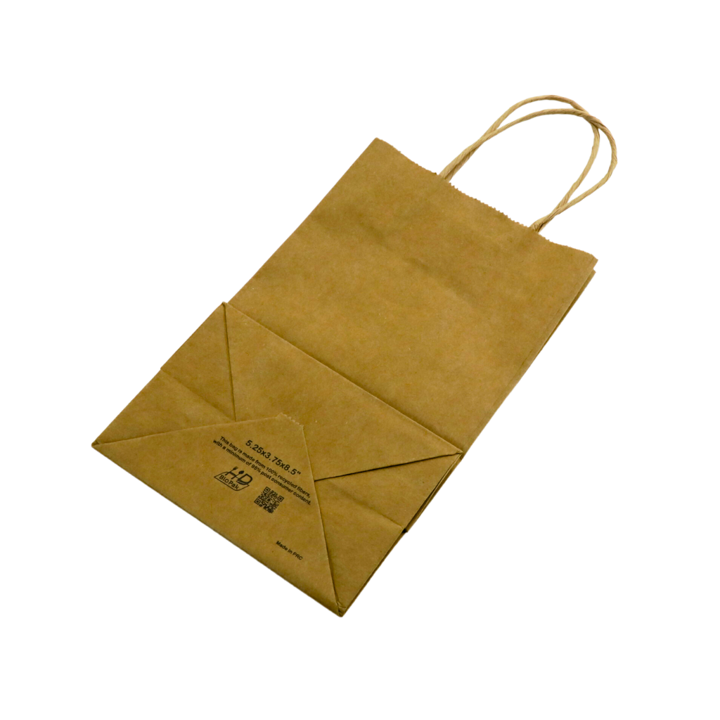 HD 538 100 Recycled Paper Kraft Bag W Twisted Handle 5.25x3.6x8.5 250 Pcs