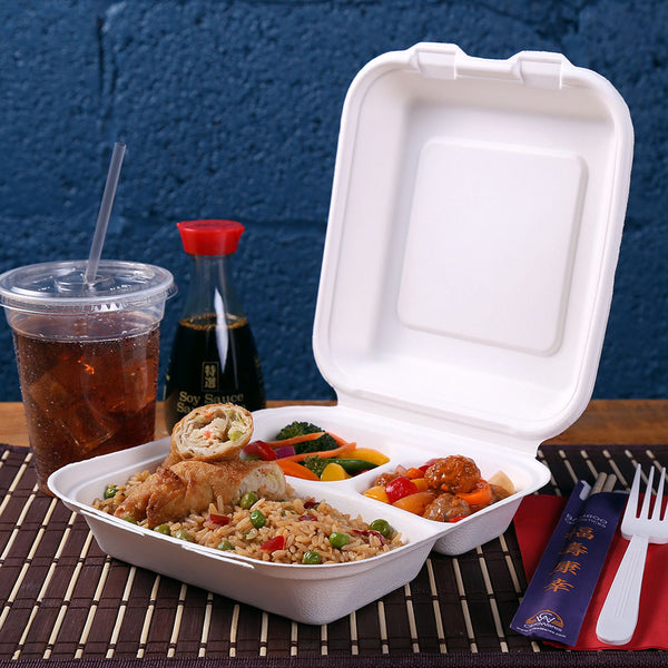  Eco-friendly Sugarcane Square Clamshell Food Container with Chinese take-out and iced tea