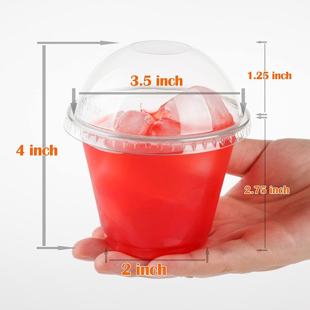9oz Clear Plastic Dessert Cup size description on a hand