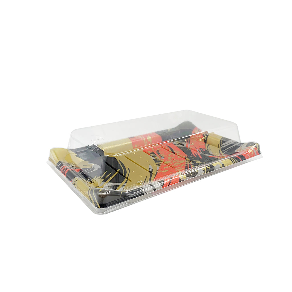 WL-B07 | Golden Red Sushi Tray W/ Clear Lid | 9.2x5.6x1.5" - 400 Sets