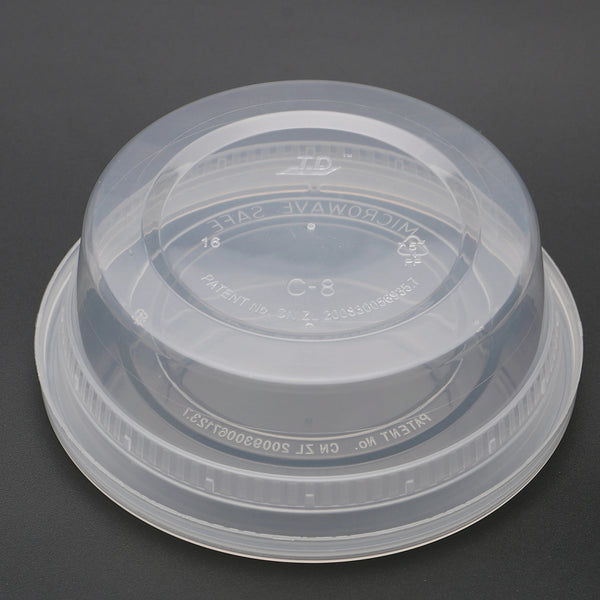 8oz Microwaveable PP Leak-resistant Translucent Deli Container upside down in a grey background
