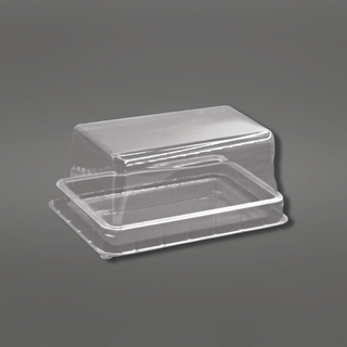 Plastic bakery container for swiss rolls in a grey background