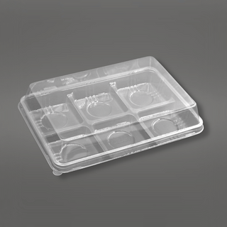 6 Compartment Plastic Mini Cake Clear Box  with lid in a grey background