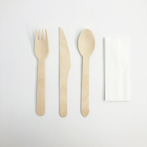 Individually Paper Wrapped Disposable Wooden Tableware Set | Knife/Fork/Spoon/Napkin - 500 Sets