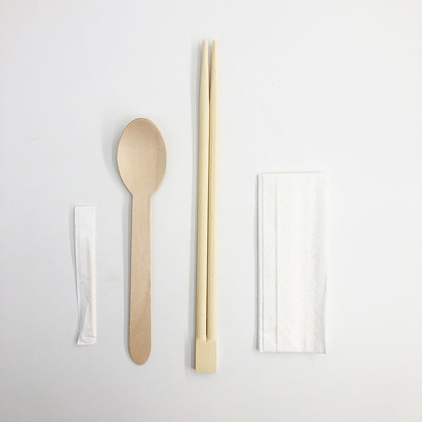 Individually Paper Wrapped Disposable Tableware Set | Bamboo Chopsticks/Wooden Soup Spoon/Napkin/Toothpick - 500 Sets