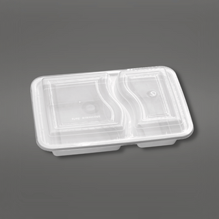 RE-232 | HD 32oz Microwaveable PP White Rectangular Container W/ Lid | 2 Compartment - 150 Sets