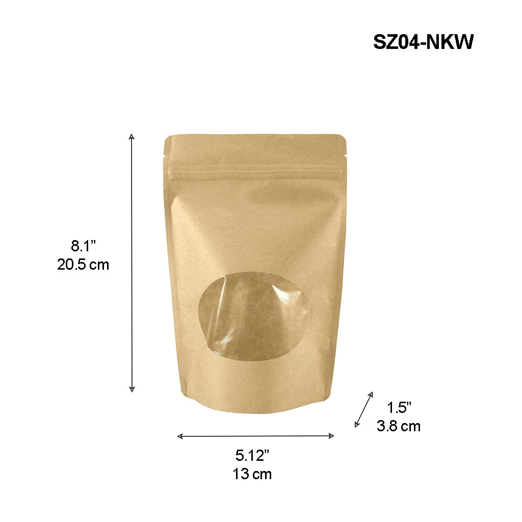 SZ04-NKW | 4 OZ Stand-up Zip-lock Kraft Paper Pouch W/ Oval Window | 5.12x1.5x8.1" - 50 Pcs