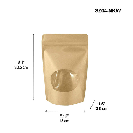 SZ04-NKW | 4 OZ Stand-up Zip-lock Kraft Paper Pouch W/ Oval Window | 5.12x1.5x8.1" - 50 Pcs