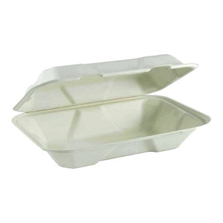  Eco-friendly White Sugarcane Rectangular Clamshell Food Container in a white background