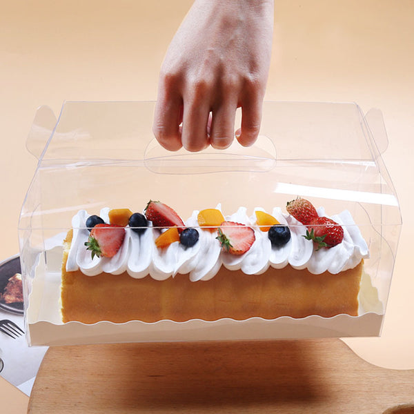 Large Clear Cake Roll Box W/ Handle with fruit cake inside