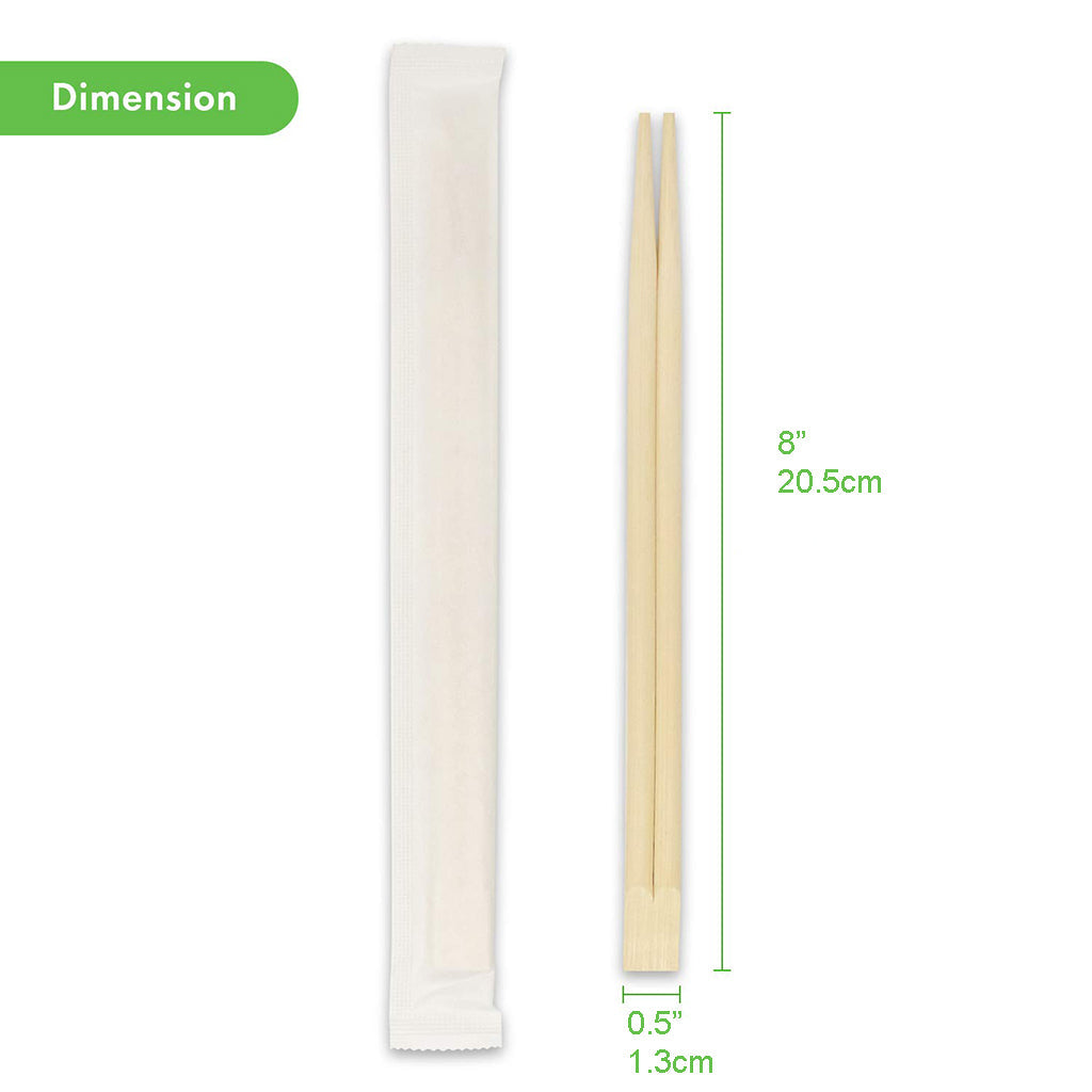 8" Individually Paper Wrapped Bamboo Chopsticks - 2000 Pairs