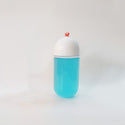Oval plastic clear bottle with white lid and red heart plug