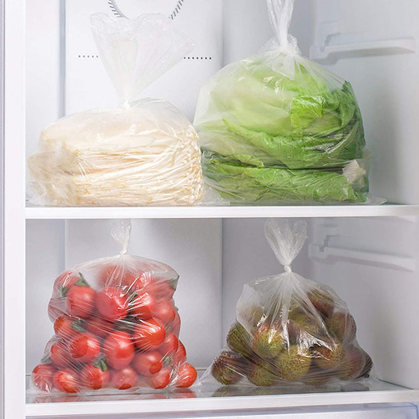 Clear Plastic Roll Bag for checkout super market with groceries in the fridge
