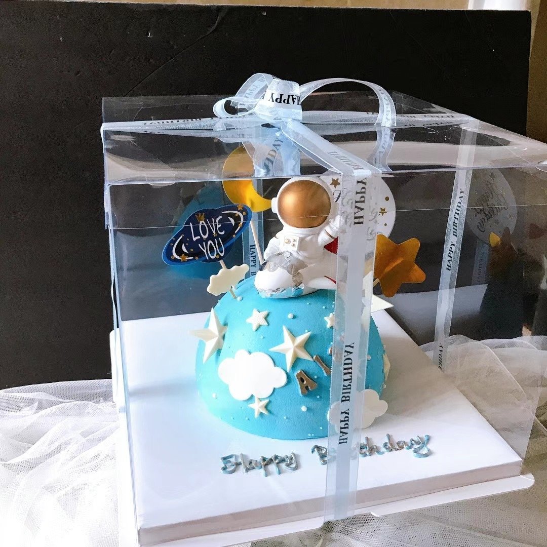  Clear Square Cake Box W/ White Base Clear Lid happy birthday astronaut theme
