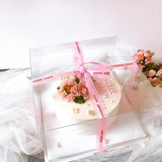  Clear Square Cake Box W/ White Base Clear Lid  pink ribbon happy birthday