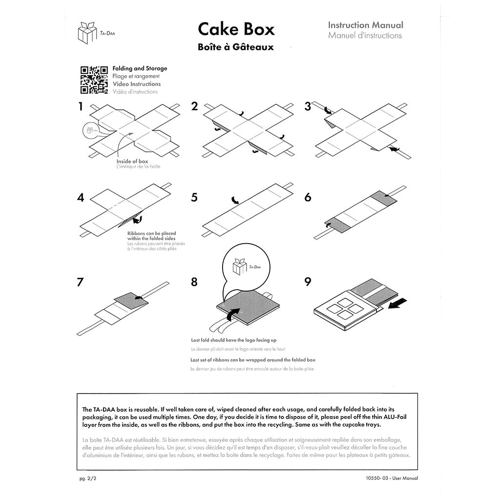 9" 11" TA-DAA Resuable White Cake Box W/ Ribbon - 1 Set